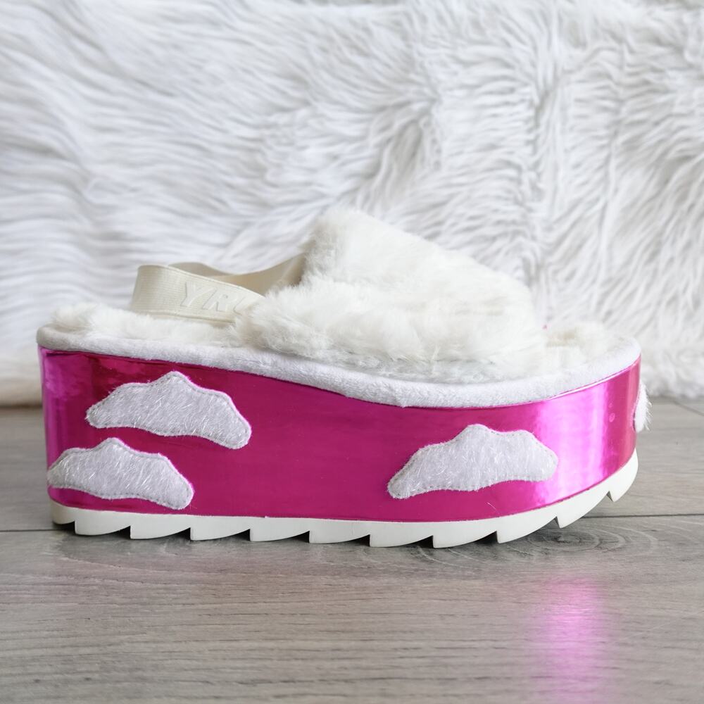 Dolls Kill YRU  Y2K Metallic Pink White Cloud Fluffy Slingback Platform Sandals